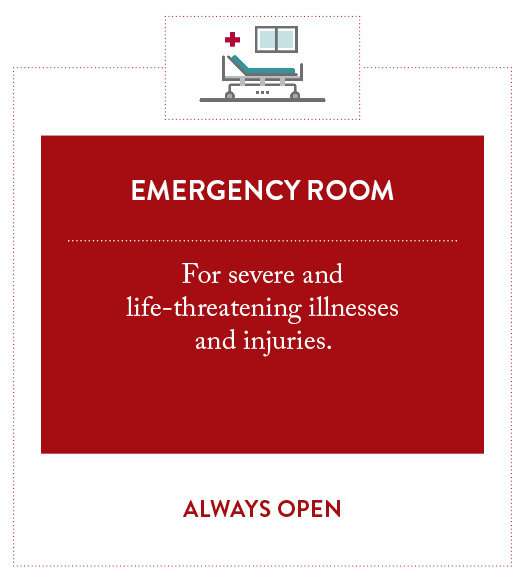 Emergency care is for severe and life-threatening illnesses and injuries. Always open.