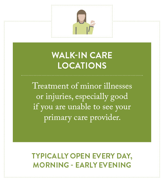 Walk-in care is for treatment of minor illnesses or injuries when your primary care provider is unavailable. Open daily.
