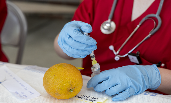A health camp student practices injections on an orange.