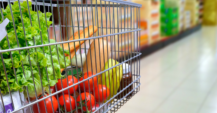 Shopping cart filled with healthy food