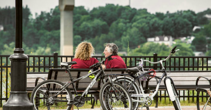 Women sitting on bench with bikes
