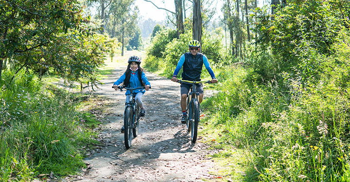 a young girl and adult biking together on a wooded trail