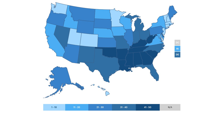 Map depicting American health ratings